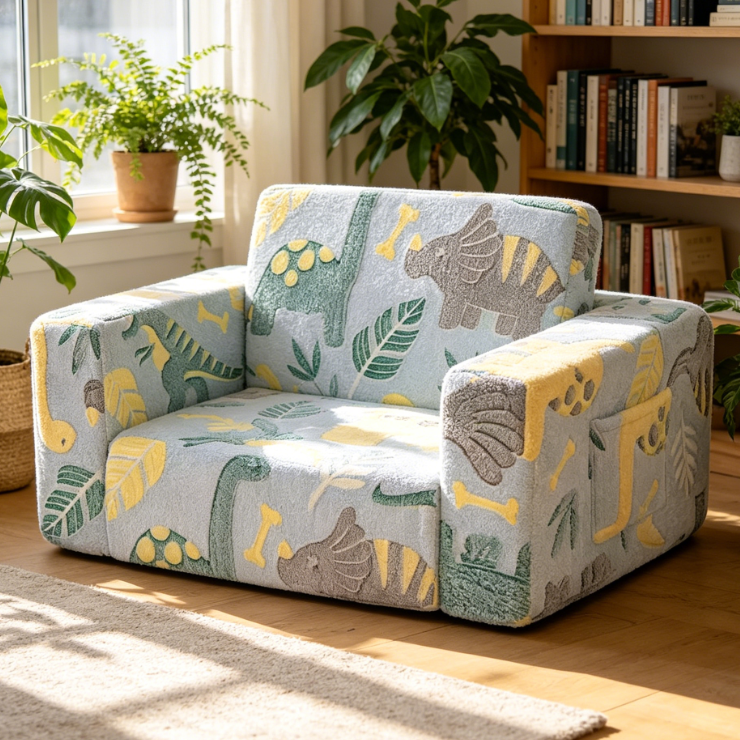 2 in 1 Flip Out Kids Sofa Lounger with Glow Dinosaur Print, Grey